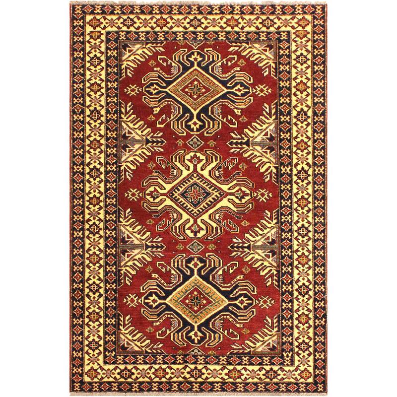 Rustic Super Kazak Maverick Red/Beige Hand Knotted Wool Rug - 4'1'' x 6'0''