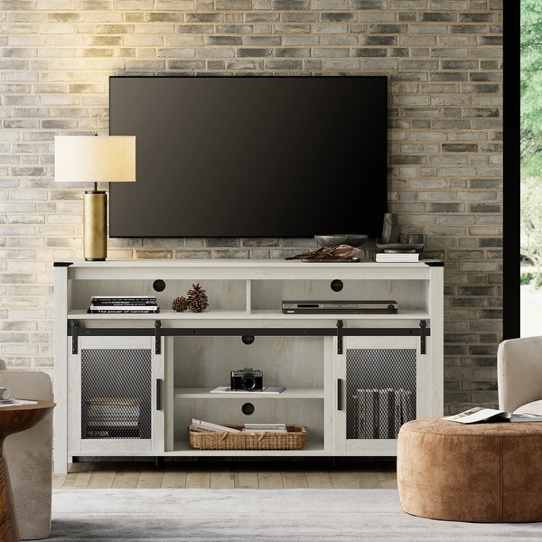Rustic Wood Tall TV Stand with Mesh Barn Doors and Adjustable