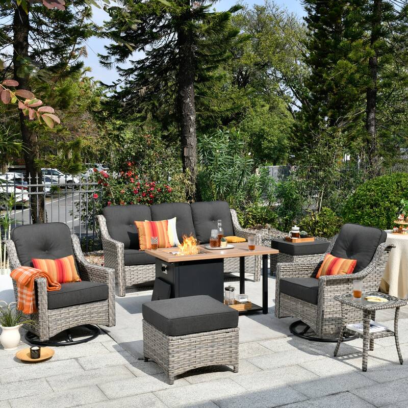 XIZZI 7-piece Outdoor Patio Furniture Conversation Sofa Set with Fire Pit - Black