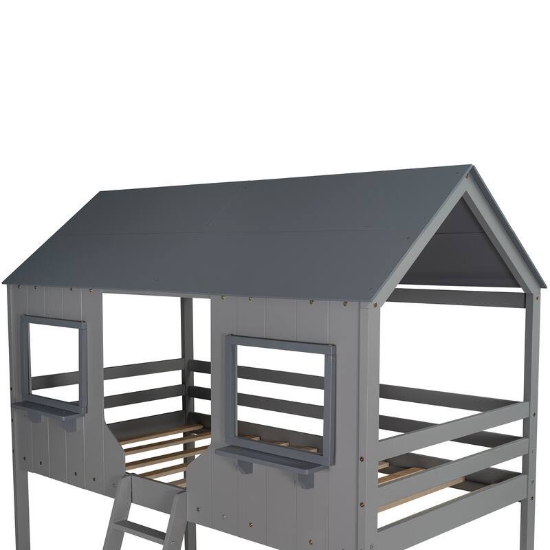 Playhouse Design Twin Over Twin Bunk Bed, Full-Length Guardrails