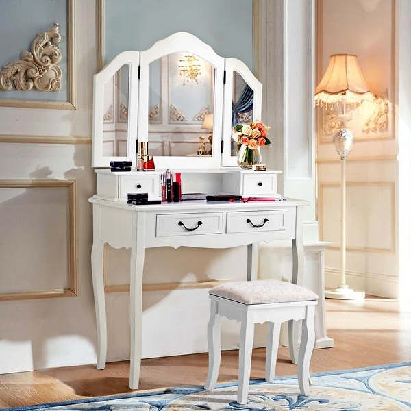 Shop Tri Folding Mirror White Wood Vanity Set Makeup bathroom Table Dresser 4 Drawers + Stool ...