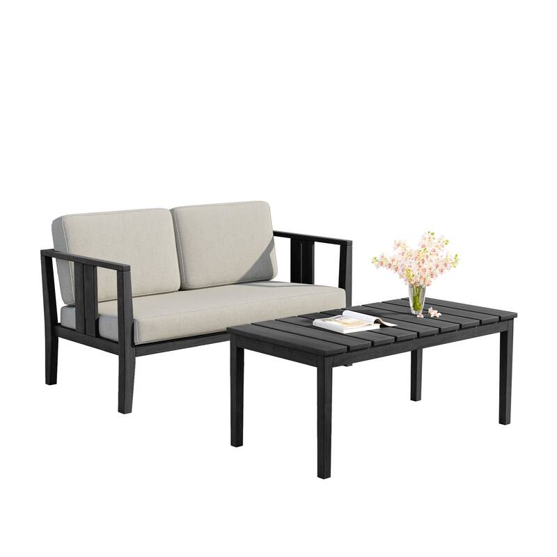 Uixe Teak Patio Loveseat with Coffee Table Outdoor Conversation Set