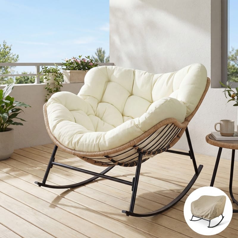 Oversized Indoor Outdoor Royal Papasan Rocking Chair, Patio Egg Rocker with Cushions, 450 lb Capacity - 1PC-Beige w/ Cover