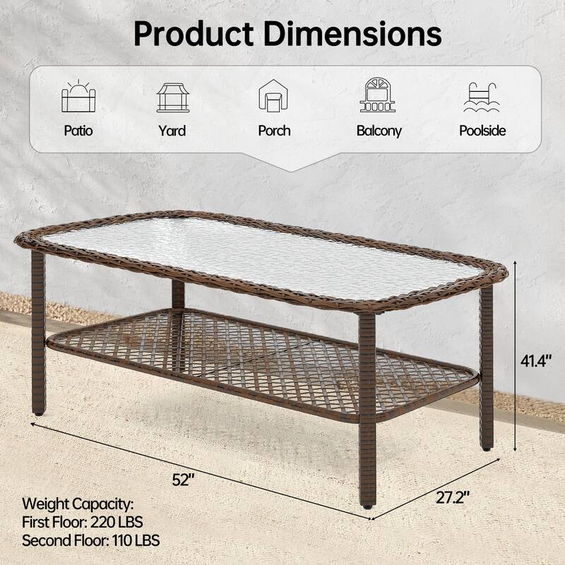 Outdoor Coffee Table with Storage Shelf, Wicker Patio Coffee Table for Patio, Outside, Balcony, Porch, Deck