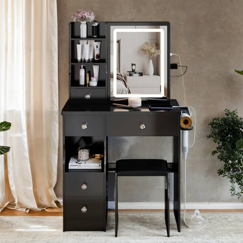 29.2" Vanity Set with LED Mirror, Charging Station & Hair Dryer Stand