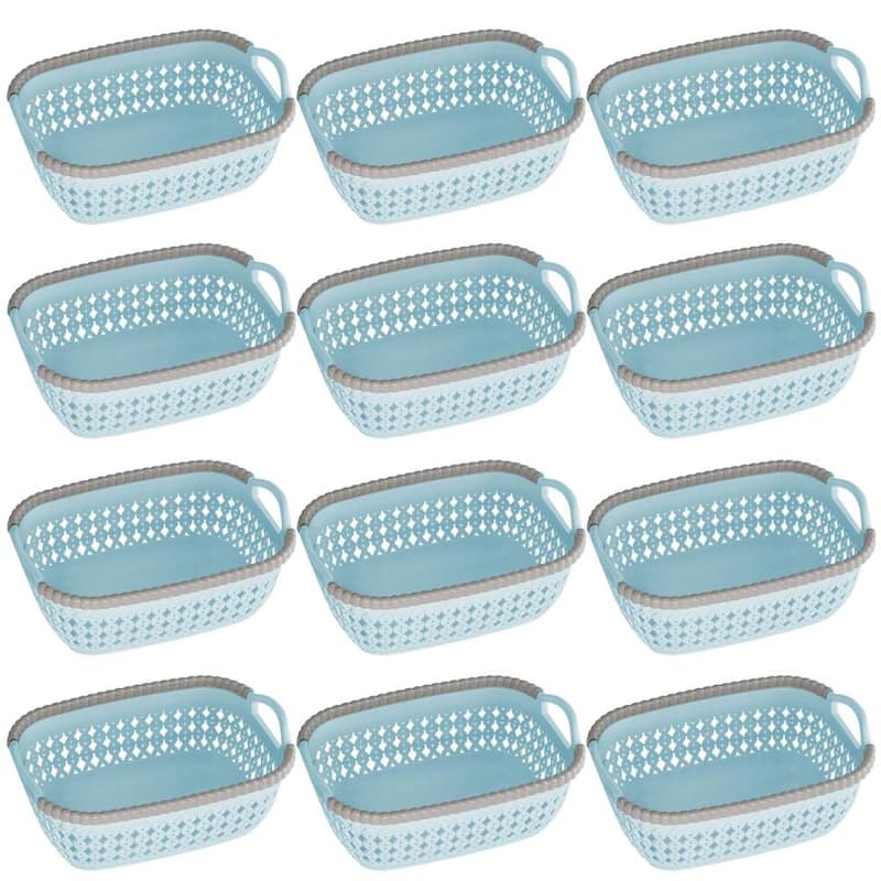 Rattan Plastic Weave Basket, Storage Bins Organizer for Closet, Shelf, Kitchen, Pantry and Bathroom - Ideal for Makeup,Cosmetics - Blue - Set of 12