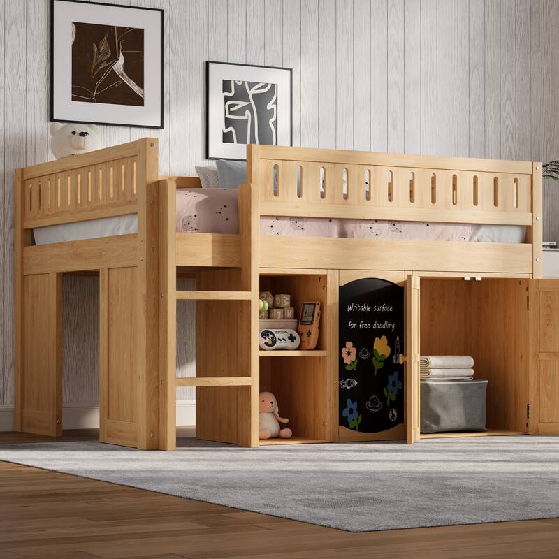 GDFStudio - Solid Wood Full Size Loft Bed with Storage & Chalkboard Panel