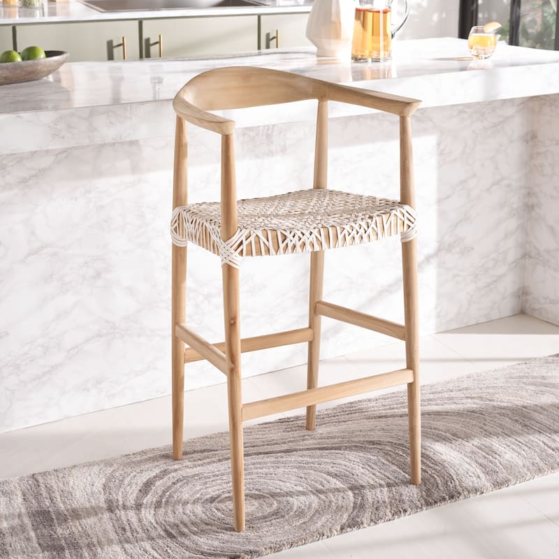 SAFAVIEH Foekje 43 Inch Bandelier Bar Stool - 25.2" x 21.3" x 43.3" - 25Wx21Dx43H - Natural/White Leather