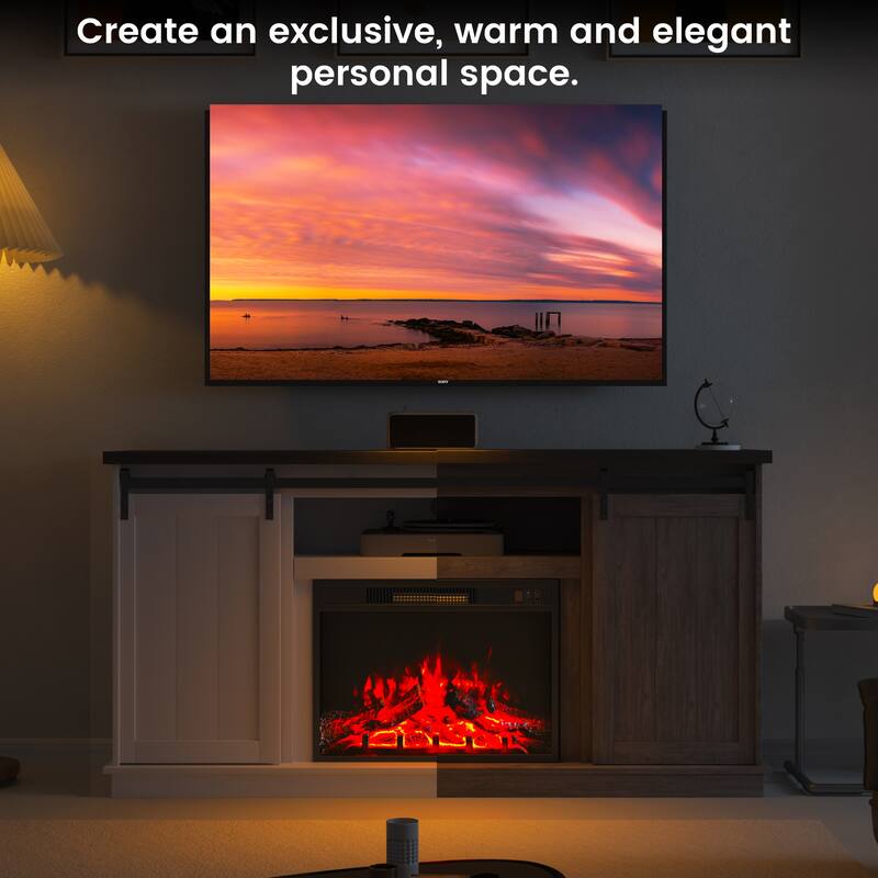 63" Farmhouse Fireplace TV Stand with Sliding Barn Door, Accommodates TVs Up to 65", Featuring Storage and Adjustable Shelves