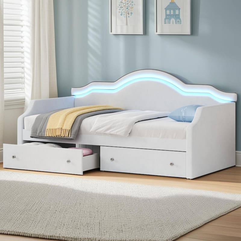 Velvet Upholstered Daybed with Color-Changing LED Light & Dual Drawers by Harper&Bright Designs - Beige - Twin