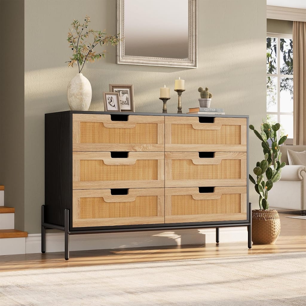 Natural Rattan 6 Drawer Dresser Boho Dresser with Chest of Drawers Modern Storage Cabinet