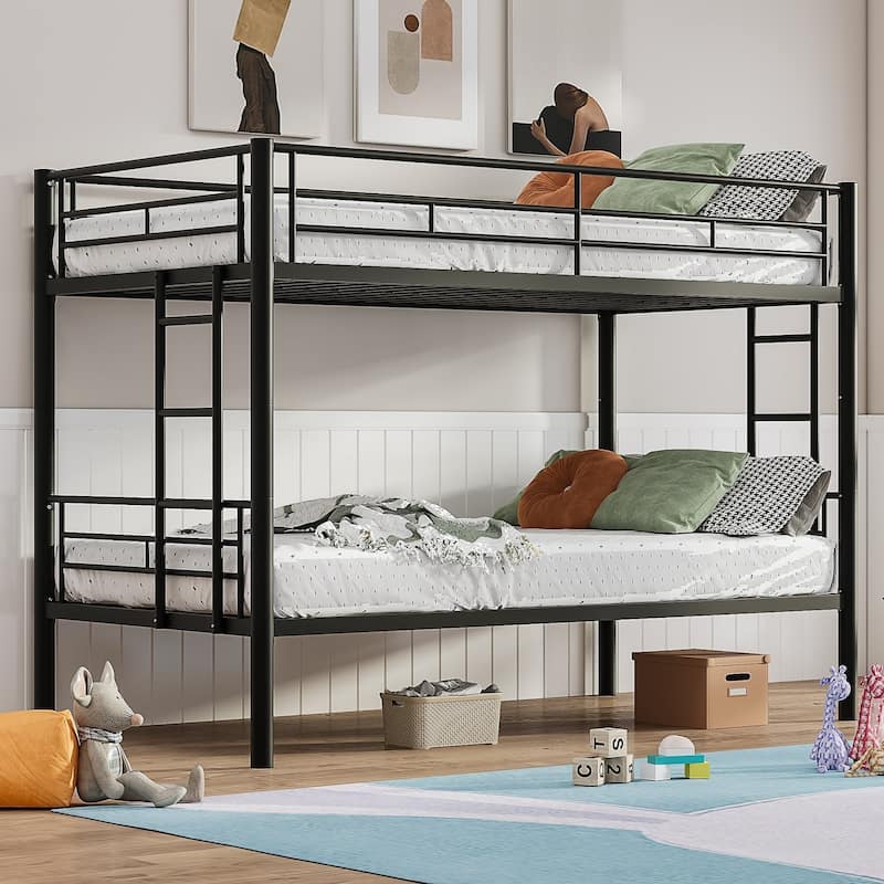 Bunk Bed Metal Twin Size Bunk Beds Frame with Ladder & Full-Length Guardrail Heavy Duty Sturdy 2 in 1 Convertible Bunk Bed