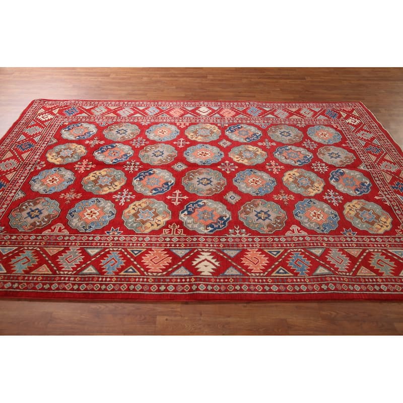 All-Over Geometric Kazak Living Room Area Rug Handmade Wool Carpet - 6'4" x 9'7"