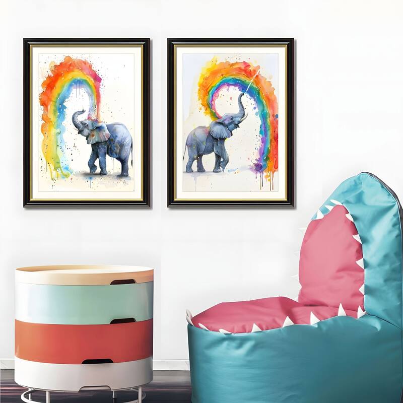 Set of 2 Colorful Elephant Framed Wall Art - Replaceable Canvas Prints with Solid Wood Picture Frames, Modern Animal Artwork