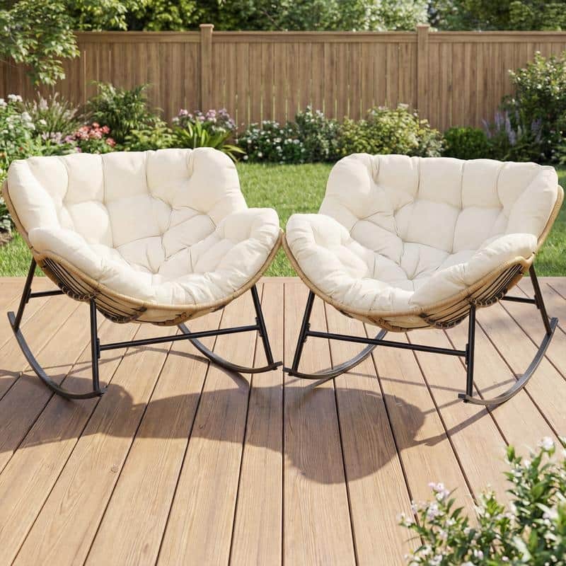 Oversized Indoor Outdoor Royal Papasan Rocking Chair, Patio Egg Rocker with Cushions, 450 lb Capacity - 2 PCS-Beige