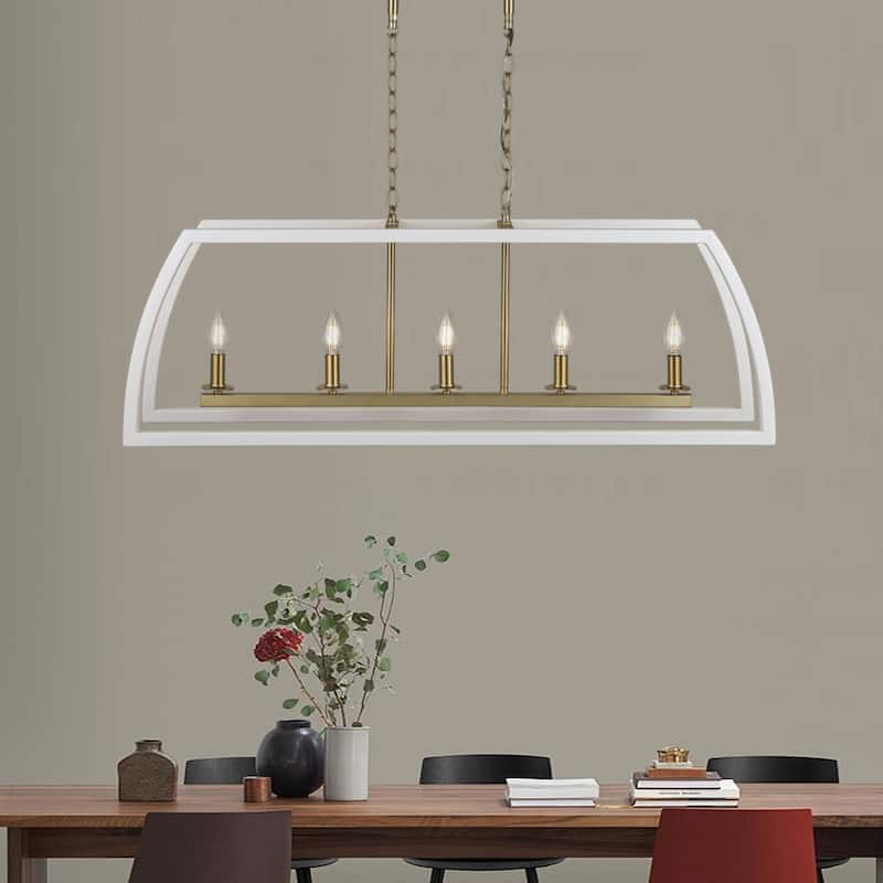 5 Light Kitchen Island Chandelier iron frame in brass and white finish - 13.5"H x 39"W x 9"D