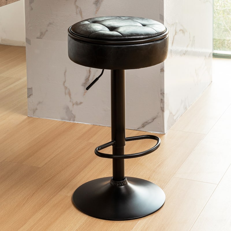 Round Storage Bar Stool Set of 2, Swivel Counter Height Chairs with Metal Frame, Faux Leather Armless Bar Chair