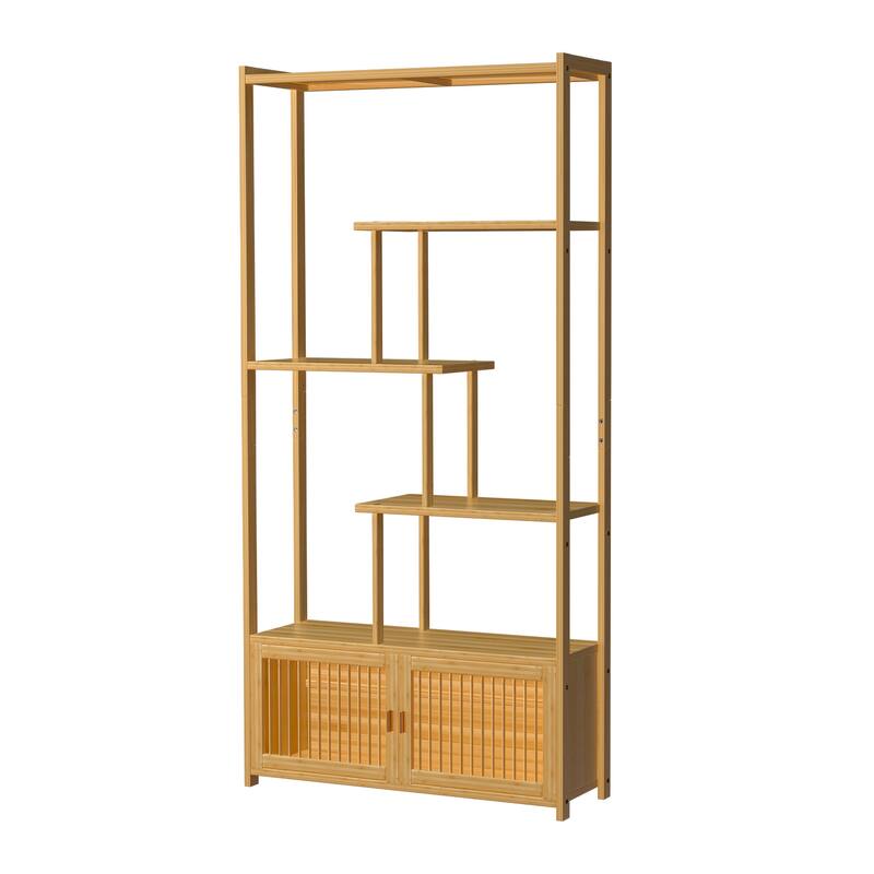 Natural Bamboo 5-Tier Bookcase with Storage Cabinet