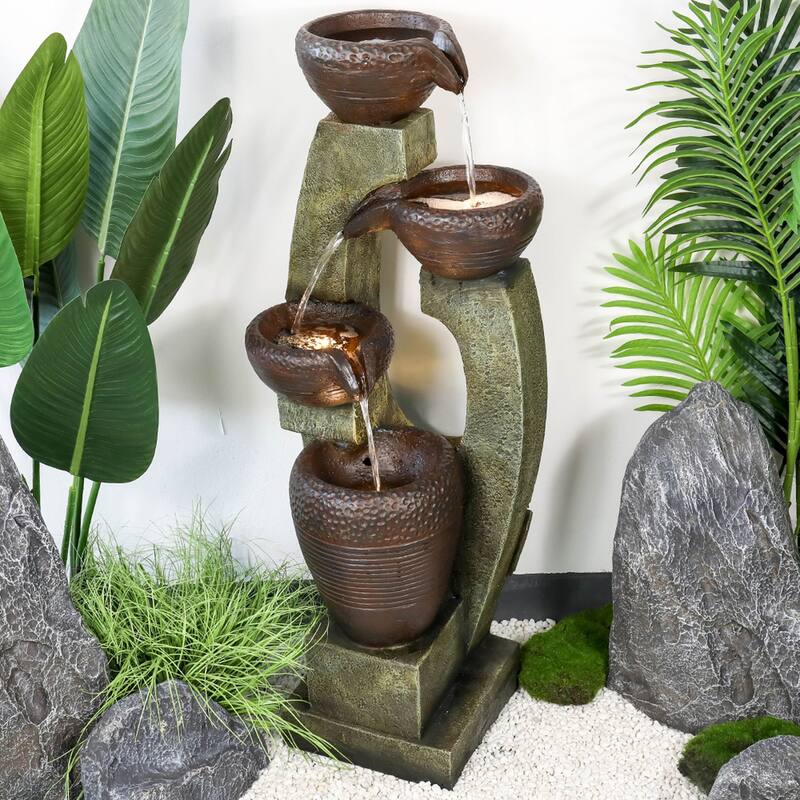 Outdoor Water Fountain with Light, 40'' Resin Water Feature