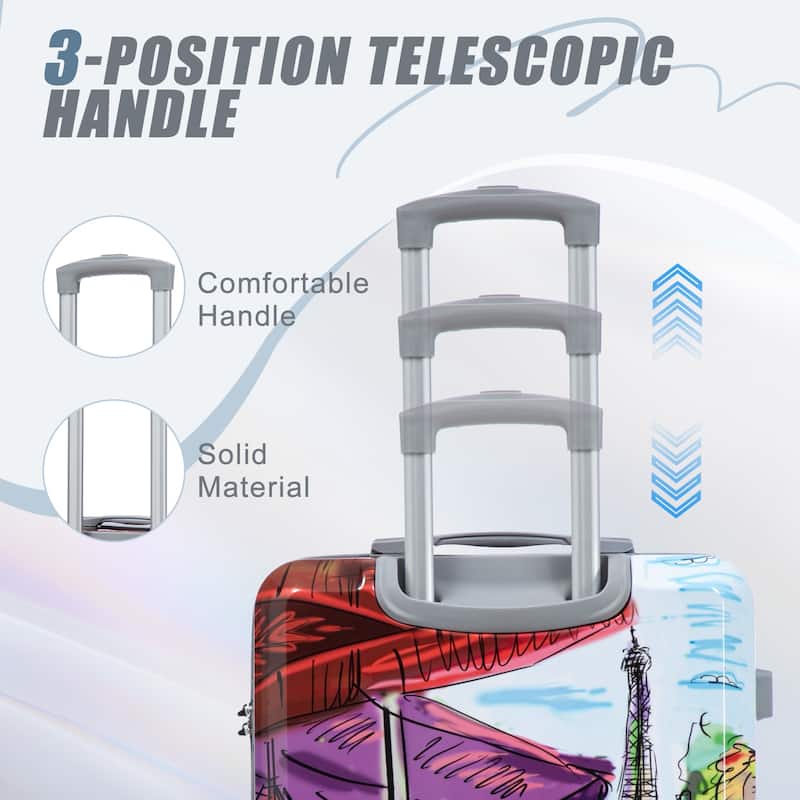 3 Pcs Lightweight ABS Hardside Suitcases, 20"/24"/28" Carry on Suitcase with Printed Pattern and Tsa Lock and Spinner Wheels