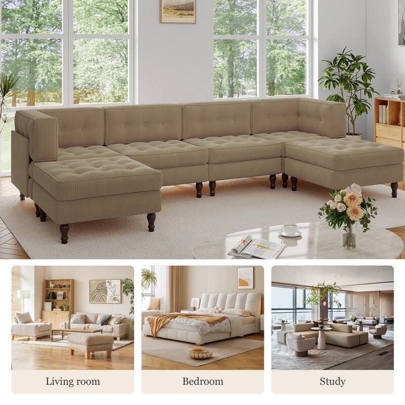 130"W Corduroy Upholstered Modular Sectional Sofa with Storage Ottoman