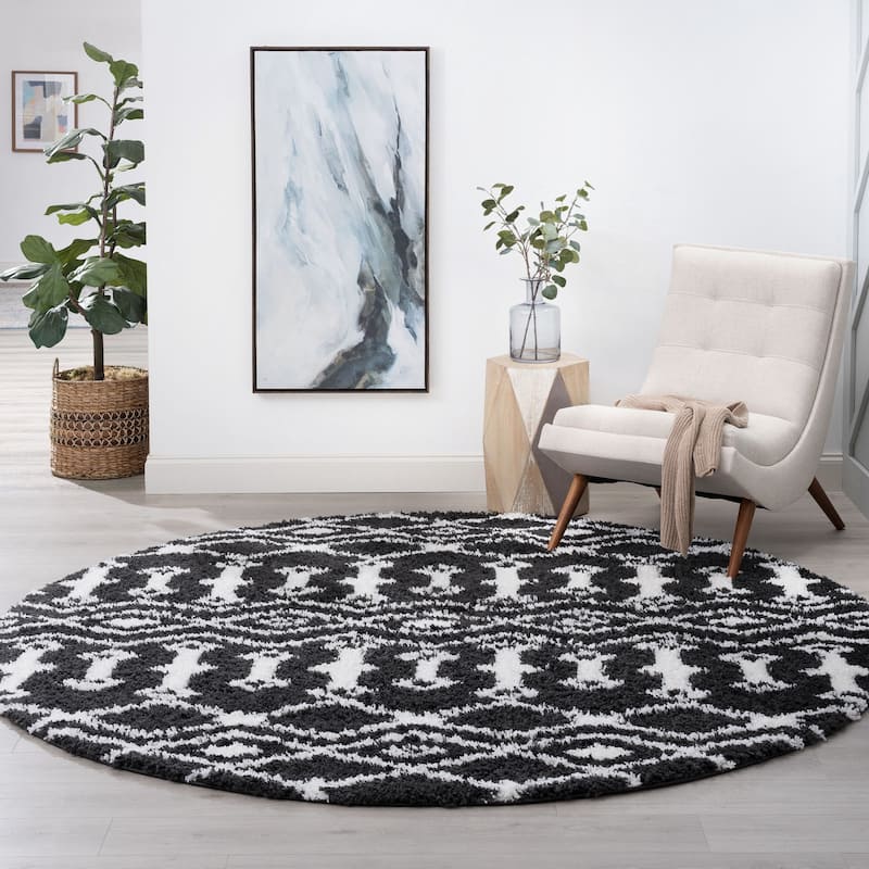 Joy Shag Mediterranean Geometric Indoor Area Rug - 7'10'' Round - Dark Gray