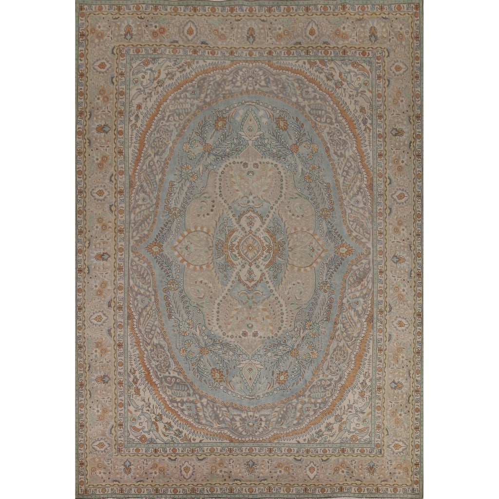 Blue Floral Tabriz Persian Vintage Rug Hand-Knotted Wool Carpet - 9'8" x 12'6"