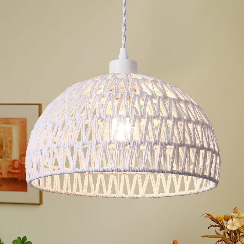 Plug in Handwoven Hemp Rope Lampshade Pendant Light with On/Off Switch - Off-white