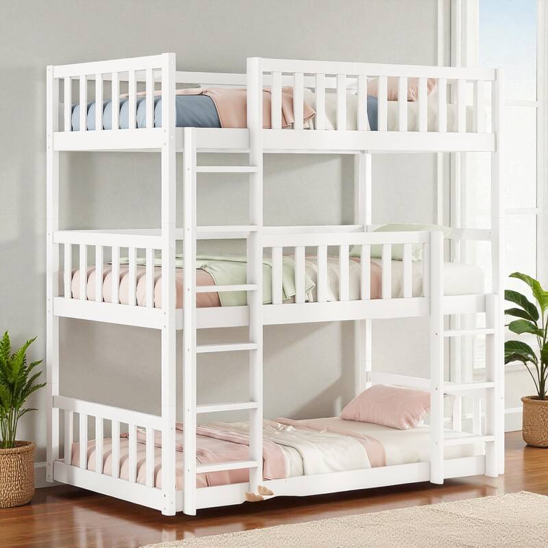 Twin Over Twin Over Twin Rubber Wood Triple Bunk Bed with Guardrails and Ladders, Detachable Convertible Triple Twin Bed Frame