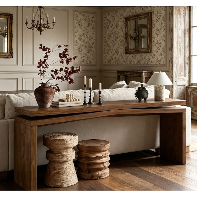 GDFStudio - Alex Farmhouse 65" Real Wood Veneer Console Table for Entryway - Deep Rustic Brown