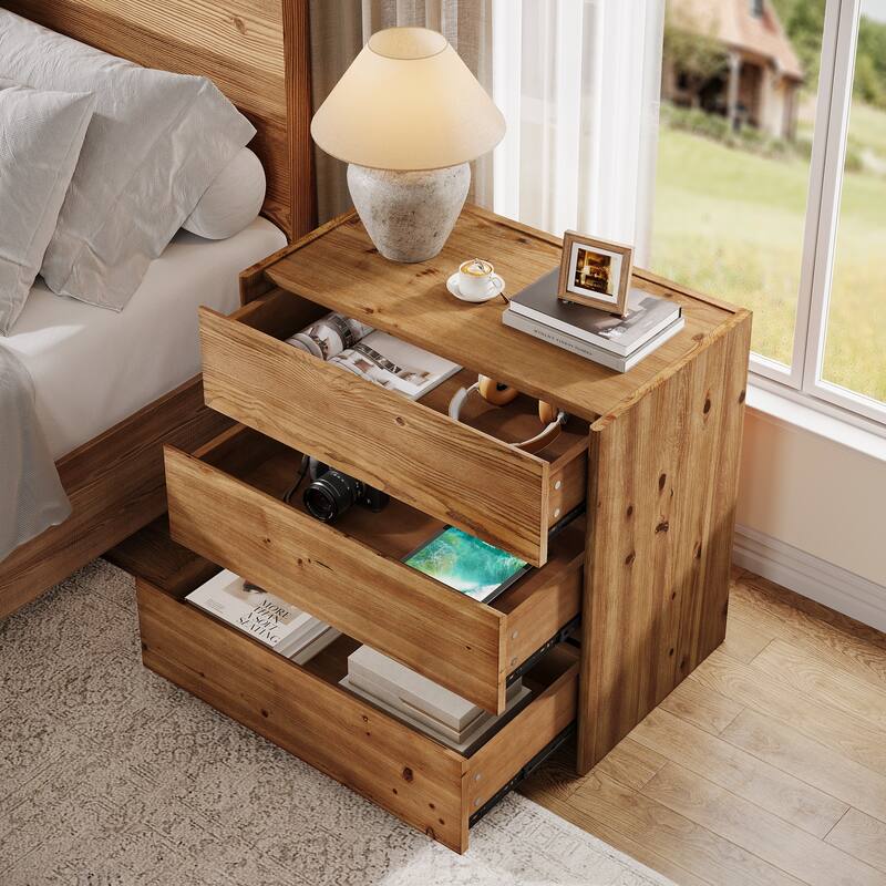31.5" Oversized Solid Wood Nightstand with Drawers, Bedroom Bedside Accent Storage Cabinet