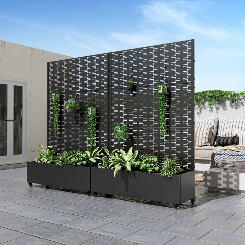 Metal Movable Planter Box with Trellis Privacy Screen Planter Box with Lockable Wheels