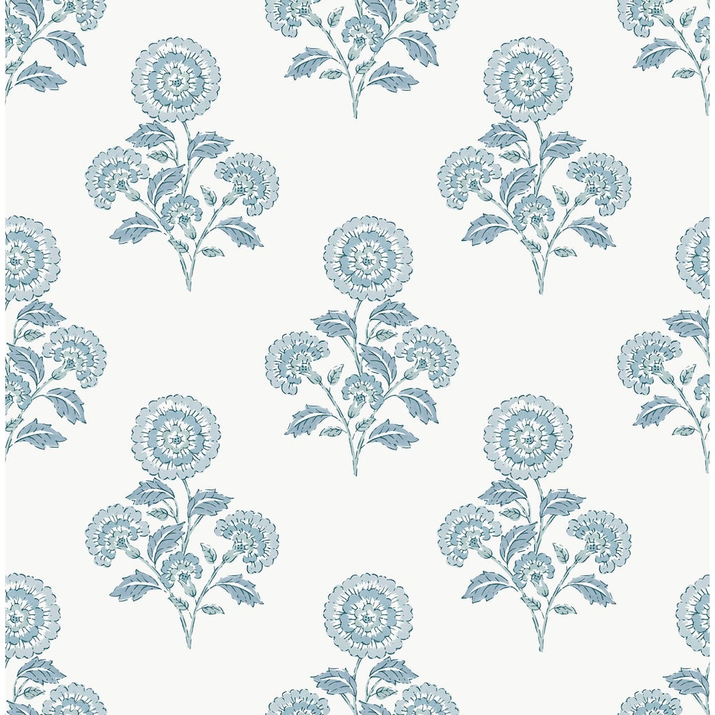 Society Social Flourish Block Print Blue on Blue Peel and Stick Wallpaper