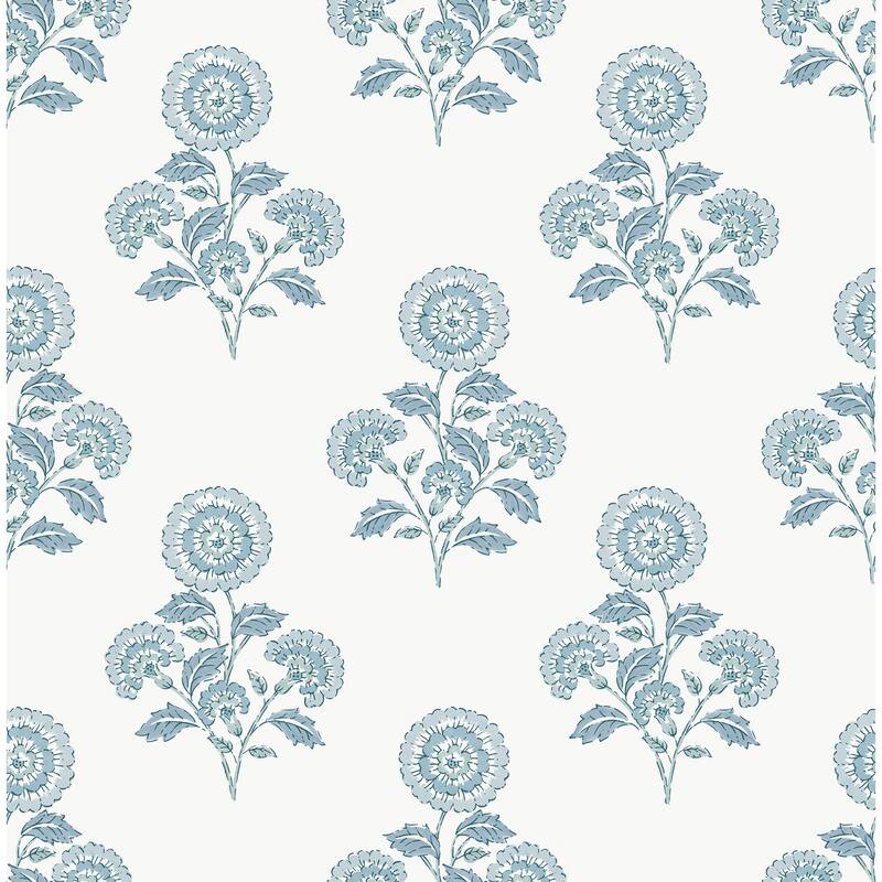 Society Social Flourish Block Print Blue on Blue Peel and Stick Wallpaper