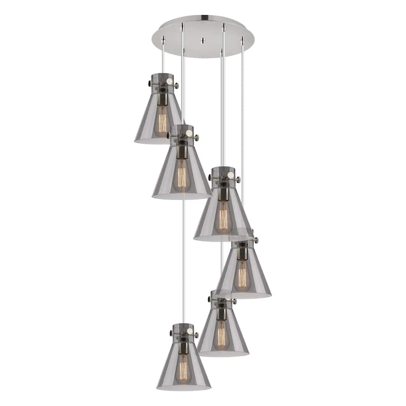 Innovations Lighting Newton Cone - 6 Light 8" Cord Hung Multi Pendant - 14" Canopy - Polished Nickel/Light Smoke