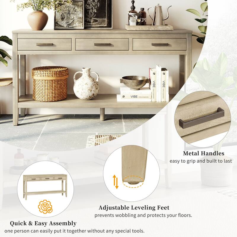 62.2'' Entryway Table, Minimalist Sofa Table with 3 Drawers, Painted Console Table with Bottom Shelf and Iron Handles