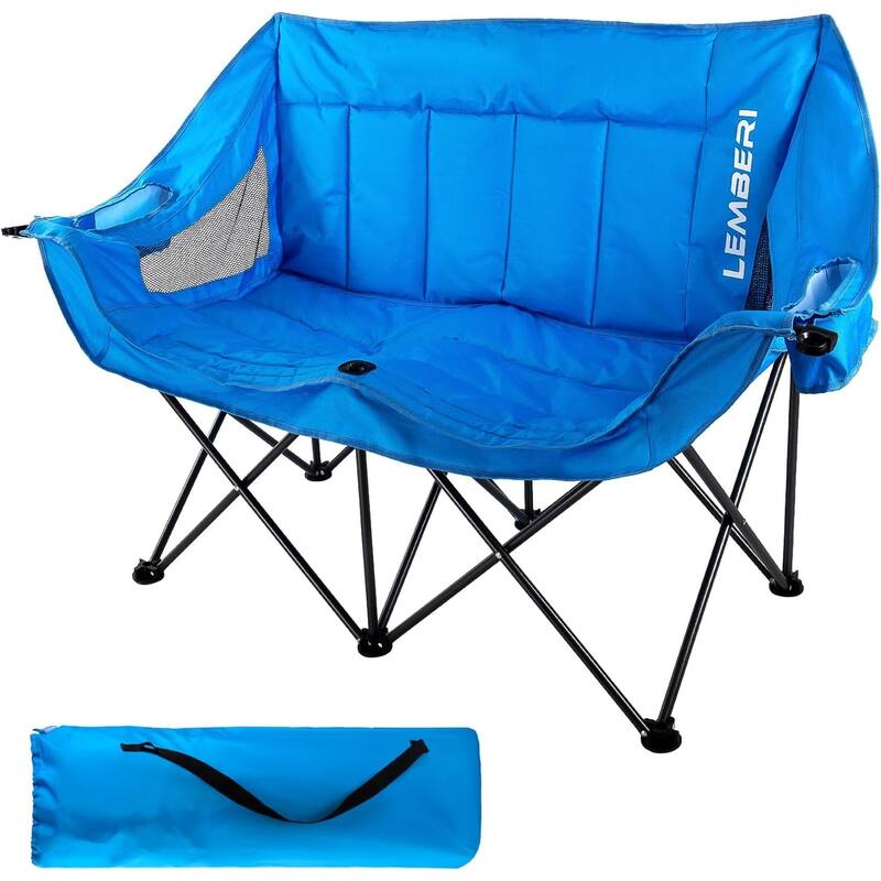 BOSSIN Double Outdoor Camping Chair - Heavy-Duty 650lb XL Folding Loveseat with Cup Holders, Back Storage & Carry Strap - Blue