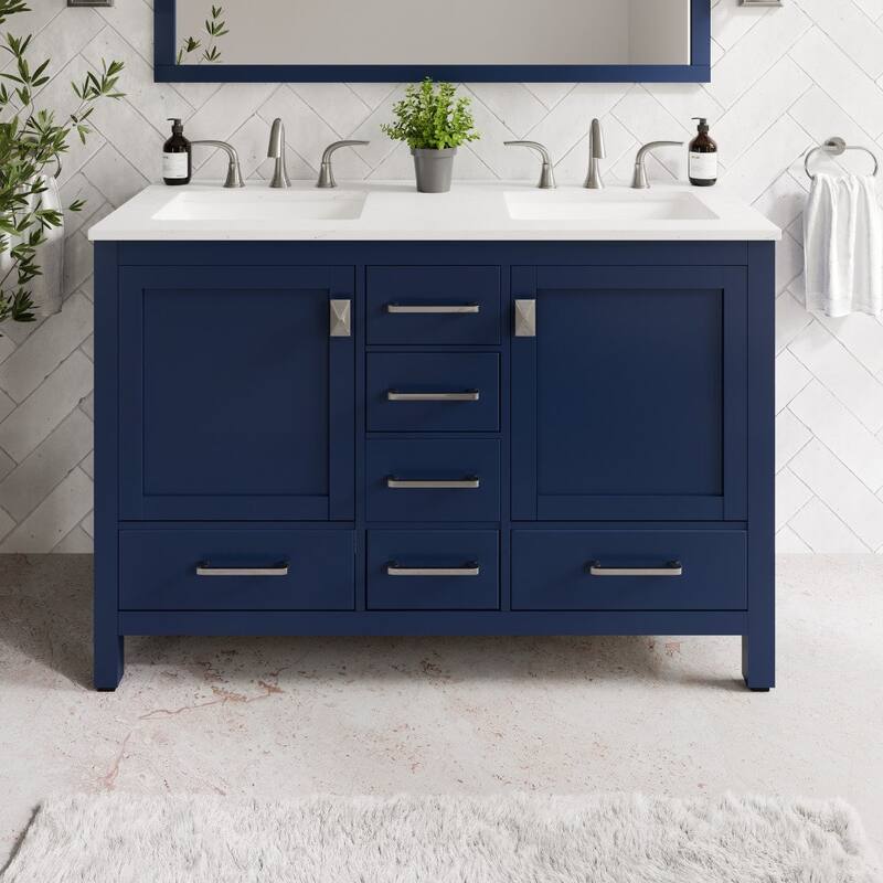 Aberdeen 48 in. Blue Double Sink Vanity with Carrara Quartz Top & Undermount Sinks