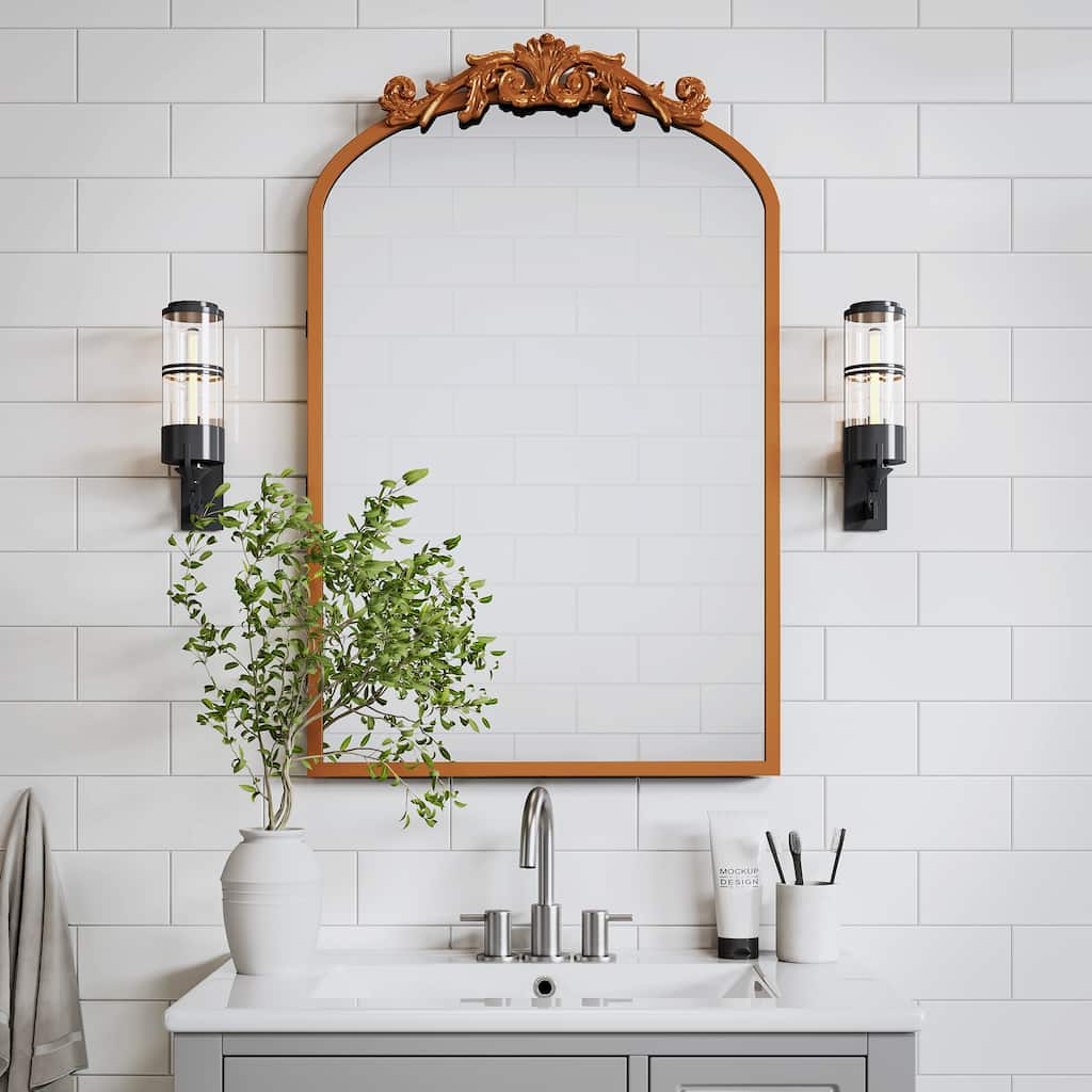 Vintage Bathroom Medicine Cabinet Metal Carved Wall-Mounted Decorative Vanity Mirror with Storage - 30" x 19.7"