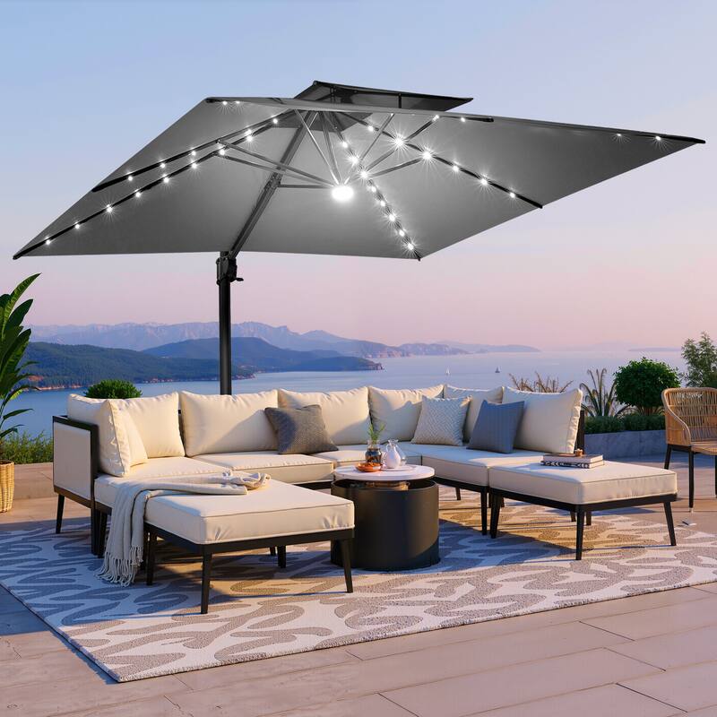 VredHom Solar LED Light 11FT Square Outdoor Cantilever Patio Umbrella without Base
