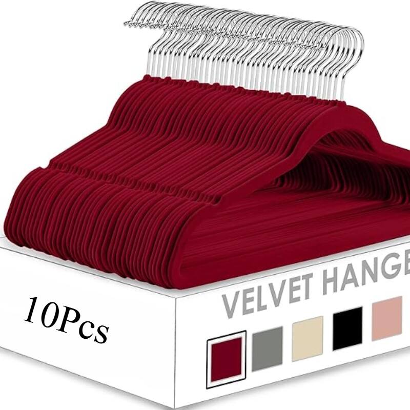 Flocking non-slip plastic hanger velvet thickened clothes rack 50pc - 10pack  - Red