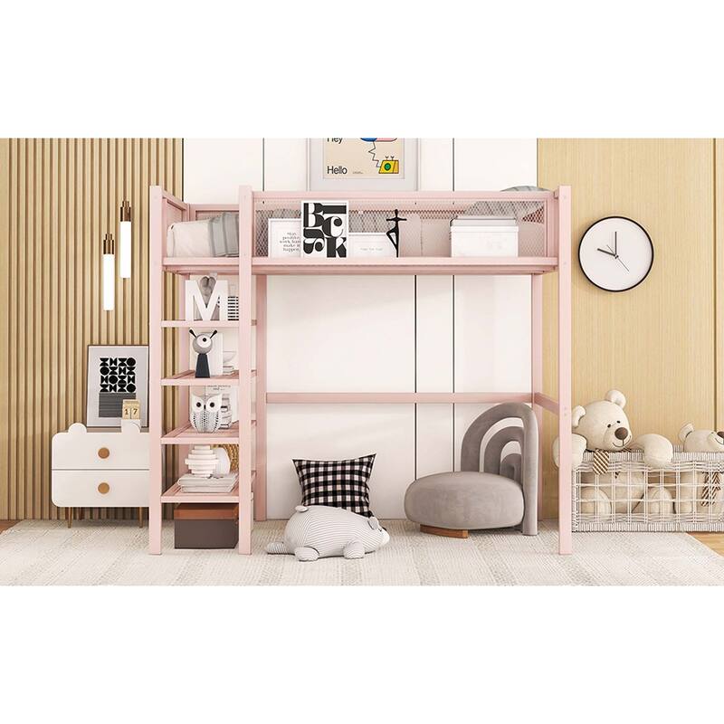 Metal Loft Bed with 4-Tier Shelves and Storage