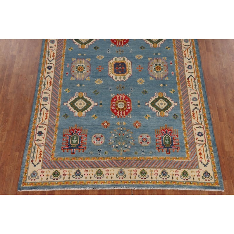 Blue Geometric Kazak Oriental Area Rug Handmade Wool Carpet - 6'8" x 9'7"