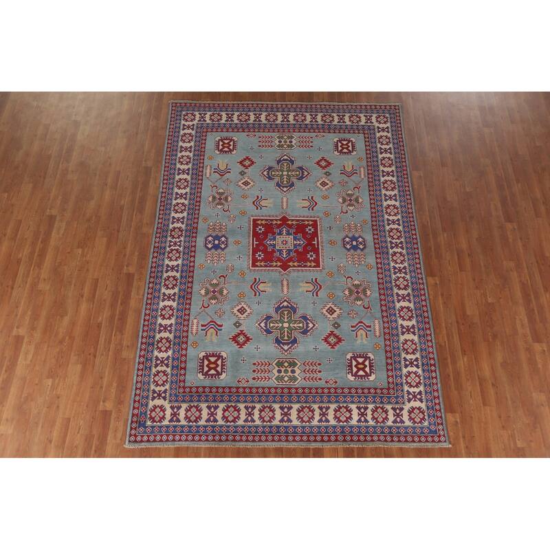 Hand Knotted Oriental 100% Wool Carpet Traditional Geometric Navy Blue & Blues Kazak Area Rug - 9' 8'' X 6' 8''