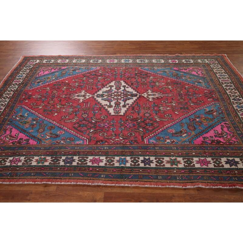 Pink & Turquoise Hamedan Persian Vintage Area Rug Handmade Wool Carpet - 6'10" x 9'8"