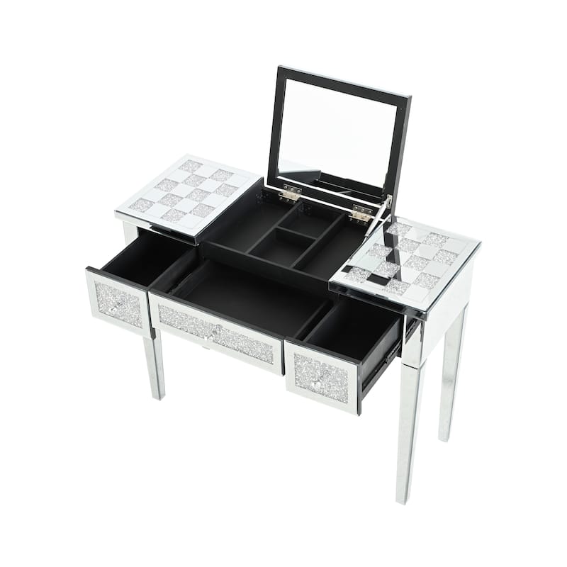 Mirrored Makeup Vanity Desk with Crushed Diamond Inlay, Silver Dressing Table with Flip-Top Mirror, Glass Console Table
