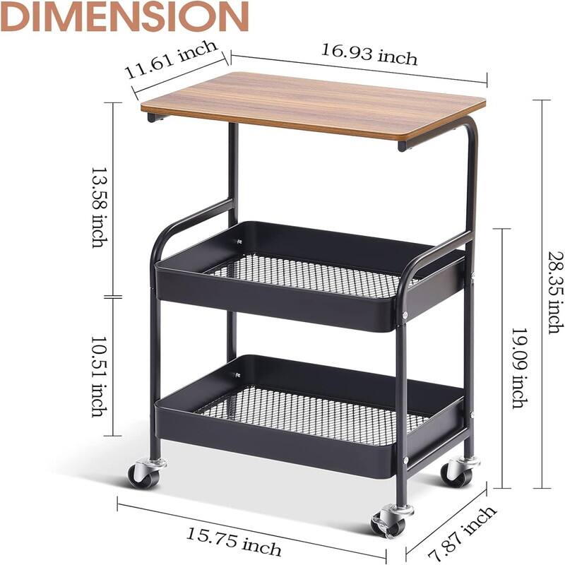 Utility Cart with Wooden Table Top 3 Tier Metal Rolling Storage Cart - 16"D x 8"W x 28"H