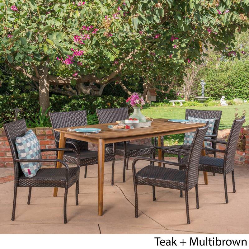 Haven Outdoor 7 Piece Multibrown PE Wicker Dining Set with Rectangular Table by Christopher Knight Home - teak + multibrown