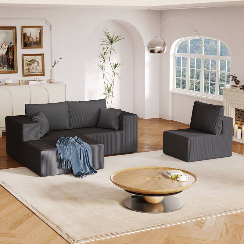 L Shaped Sectional Foam Sofa, Upholstered Corduroy Fabric Sofa, Modular Cloud Couch with Chaise Lounge & Removable Covers
