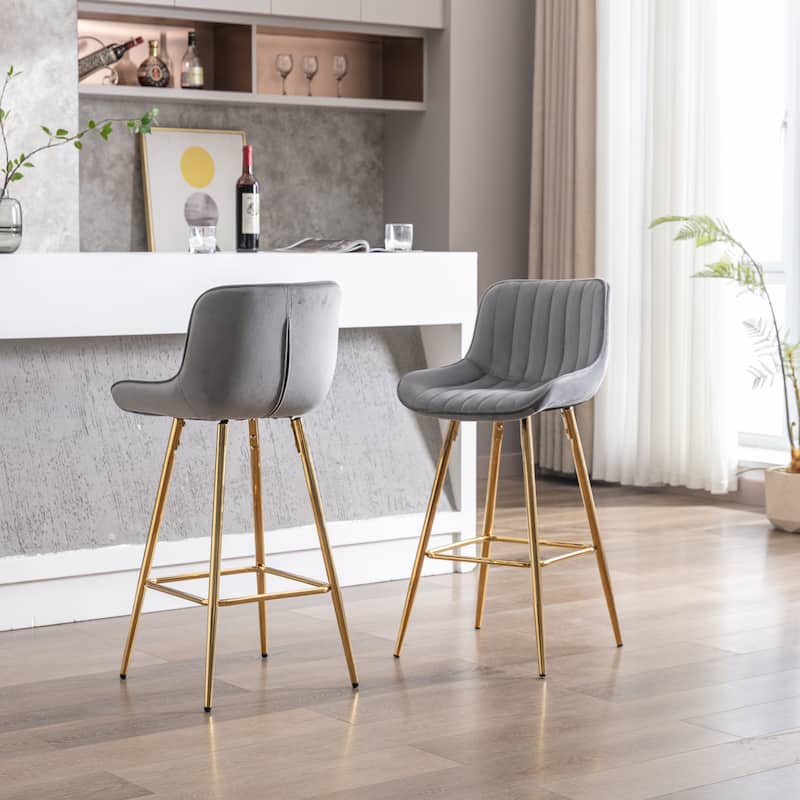 26 Inch Set of 2 Bar Stools,with Chrome Footrest Velvet Fabric Counter Stool Golden Leg Simple Bar Stool,GREEN
